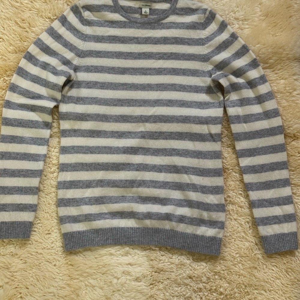 L.L. Bean Cashmere Gray and Cream Striped Crewneck Sweater, Womens Small